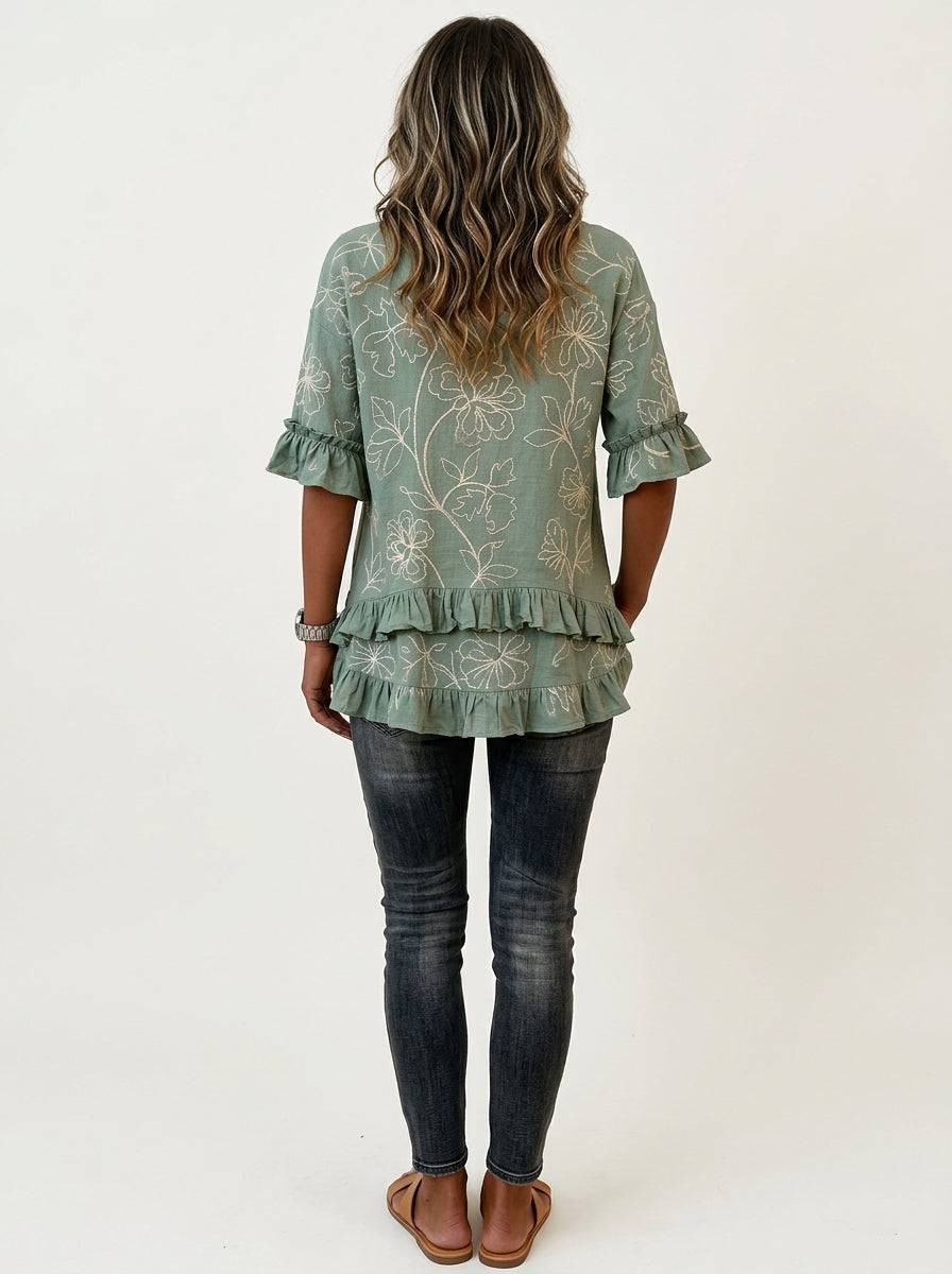 Retro Floral Embroidered V-Neck Ruffle Blouse in Sage Green - Button Placket 3/4 Sleeve Top