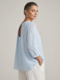 Romantic Floral Embroidered Open-Back Blouse in Light Blue - Round Neck Keyhole Cutout Top