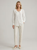 Vintage Cotton Blouse - White Peter Pan Collar Floral Embroidered Long Sleeve Top