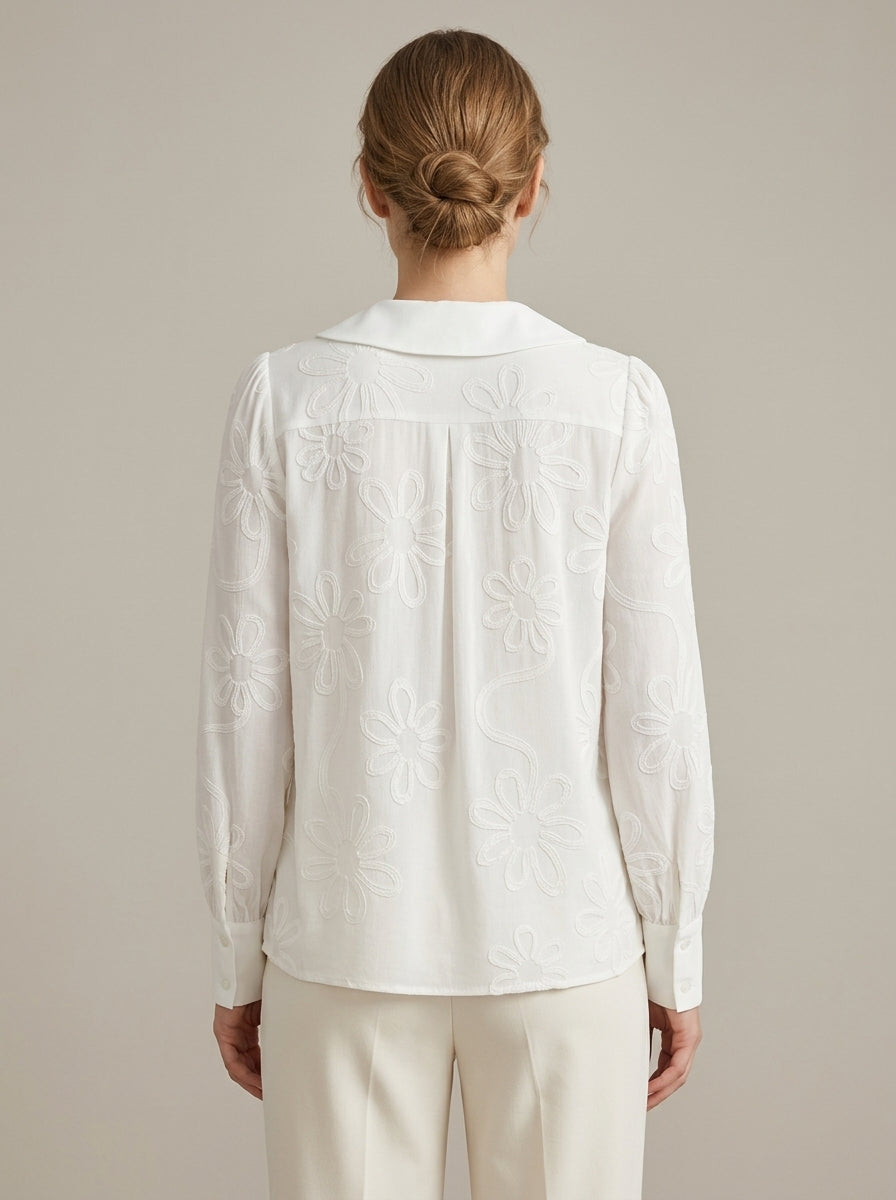 Vintage Cotton Blouse - White Peter Pan Collar Floral Embroidered Long Sleeve Top