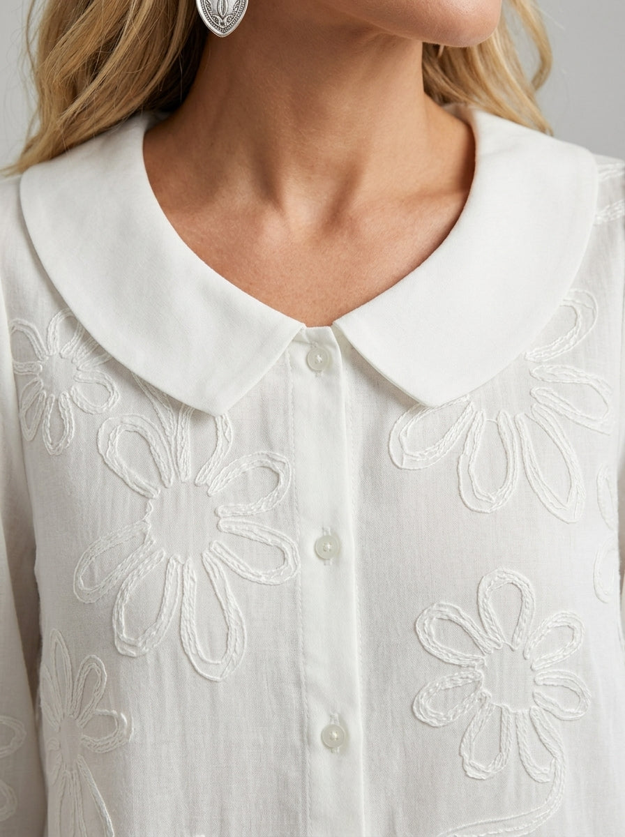 Vintage Cotton Blouse - White Peter Pan Collar Floral Embroidered Long Sleeve Top