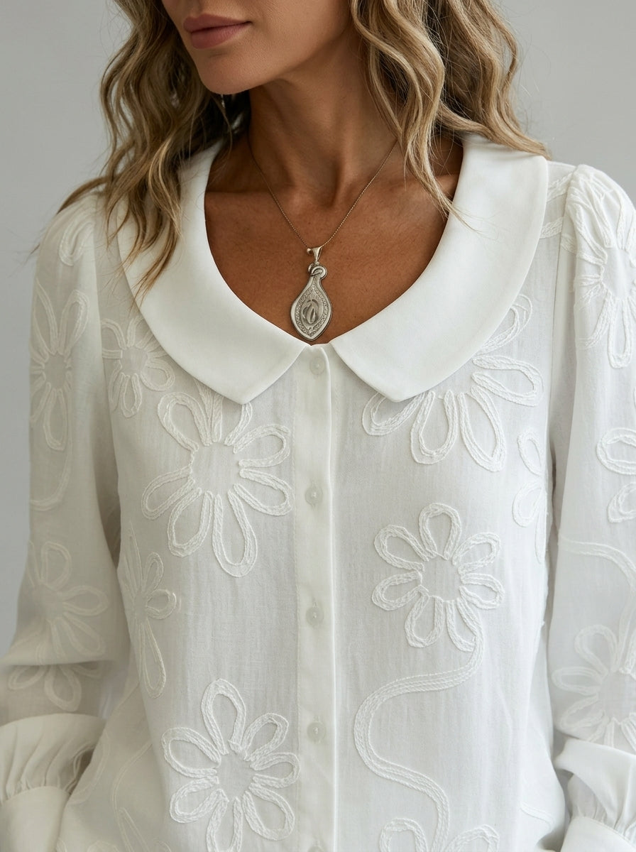 Vintage Cotton Blouse - White Peter Pan Collar Floral Embroidered Long Sleeve Top