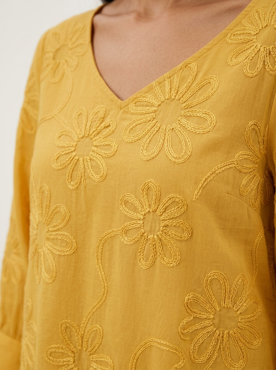 Casual Cotton Blouse - Yellow V-Neck 3/4 Sleeve Floral Embroidered Top