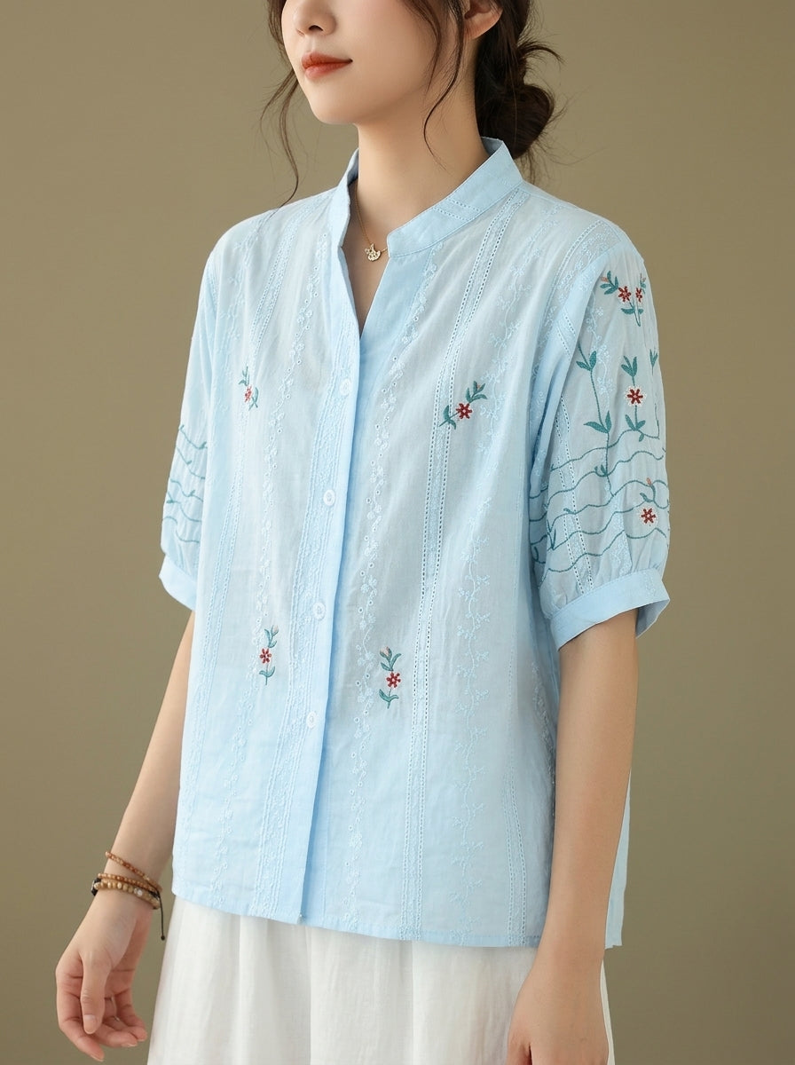 Vintage Embroidered Cotton Blouse - Blue Mandarin Collar Short Sleeve Top