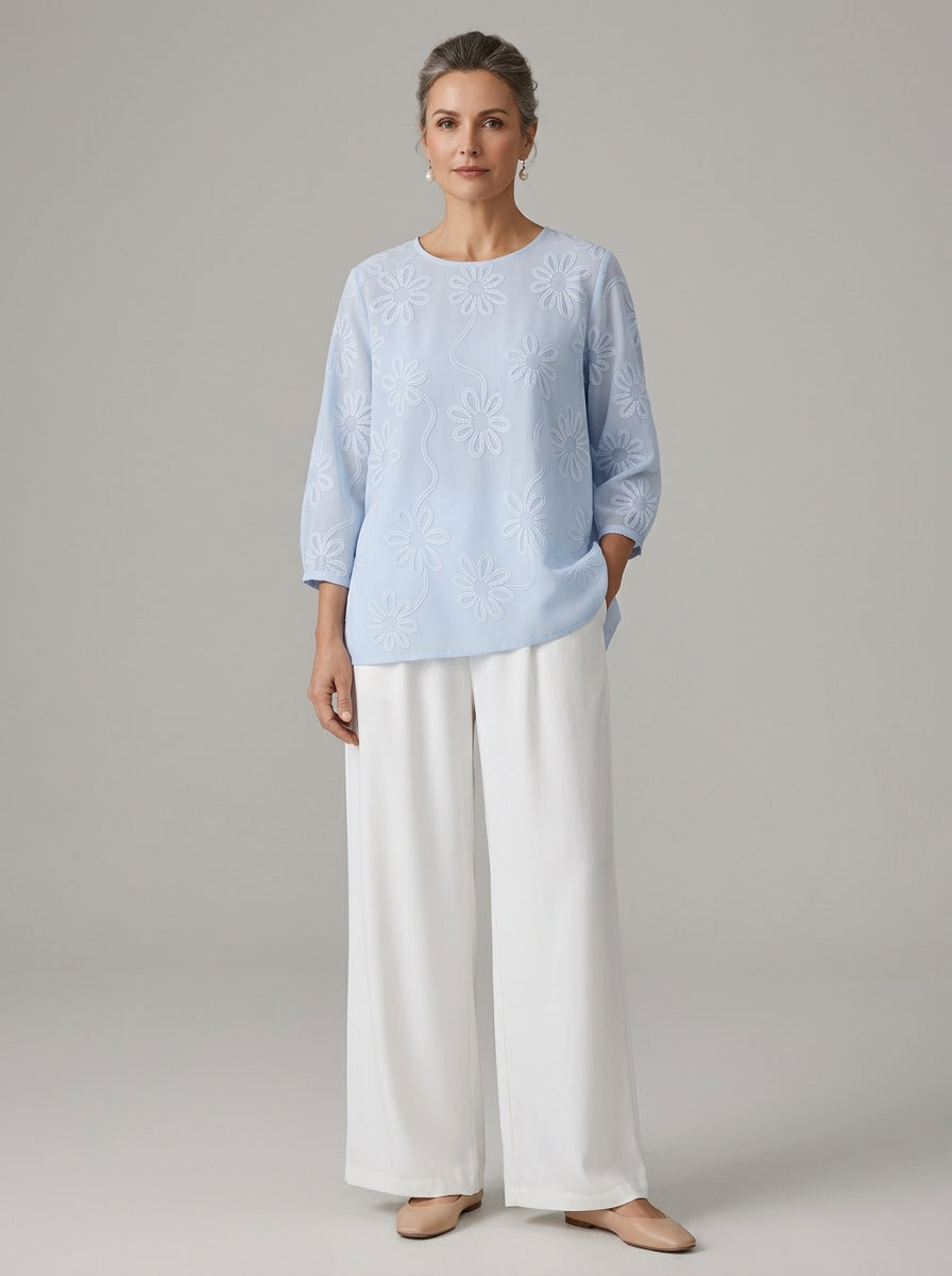 Romantic Floral Embroidered Open-Back Blouse in Light Blue - Round Neck Keyhole Cutout Top