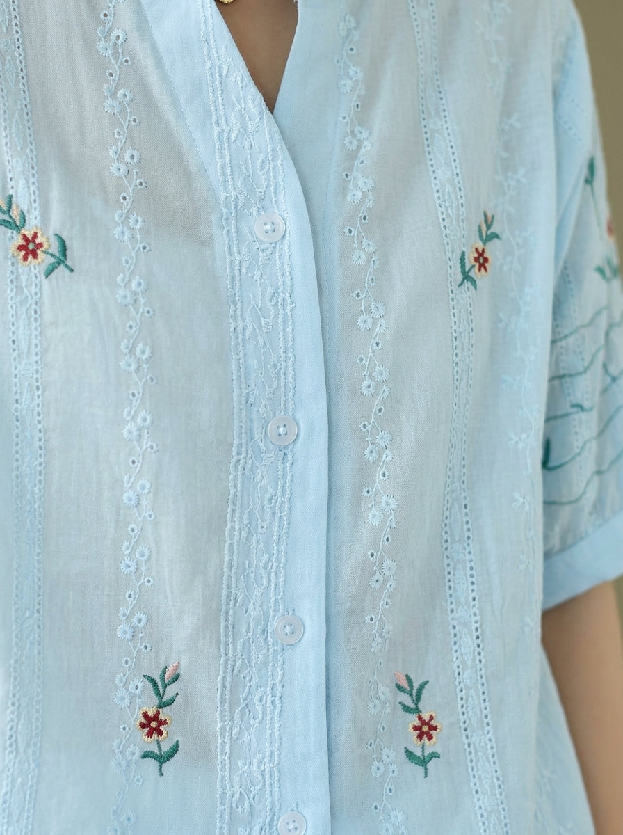 Vintage Embroidered Cotton Blouse - Blue Mandarin Collar Short Sleeve Top