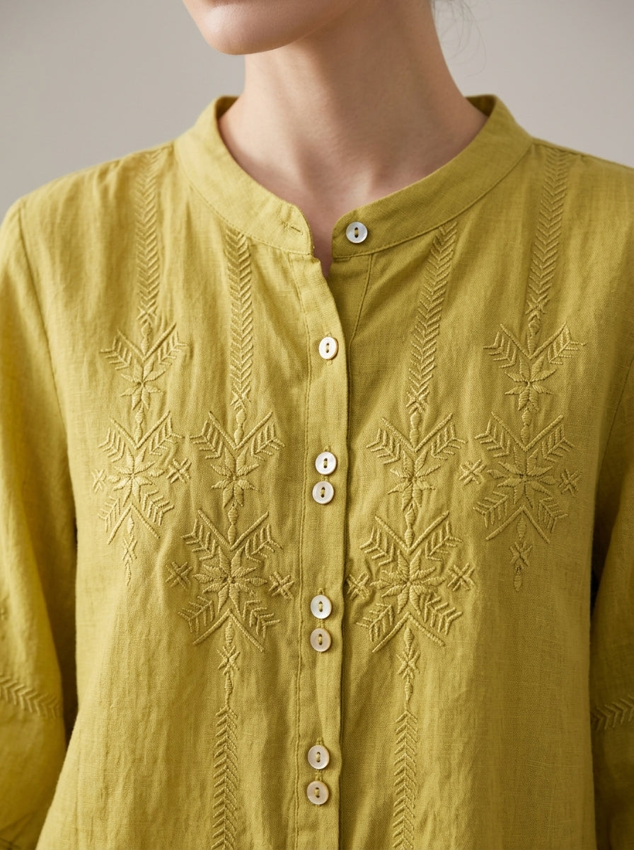 Loose Boho Embroidered Blouse - Chartreuse Mandarin Collar 3/4 Sleeve Top