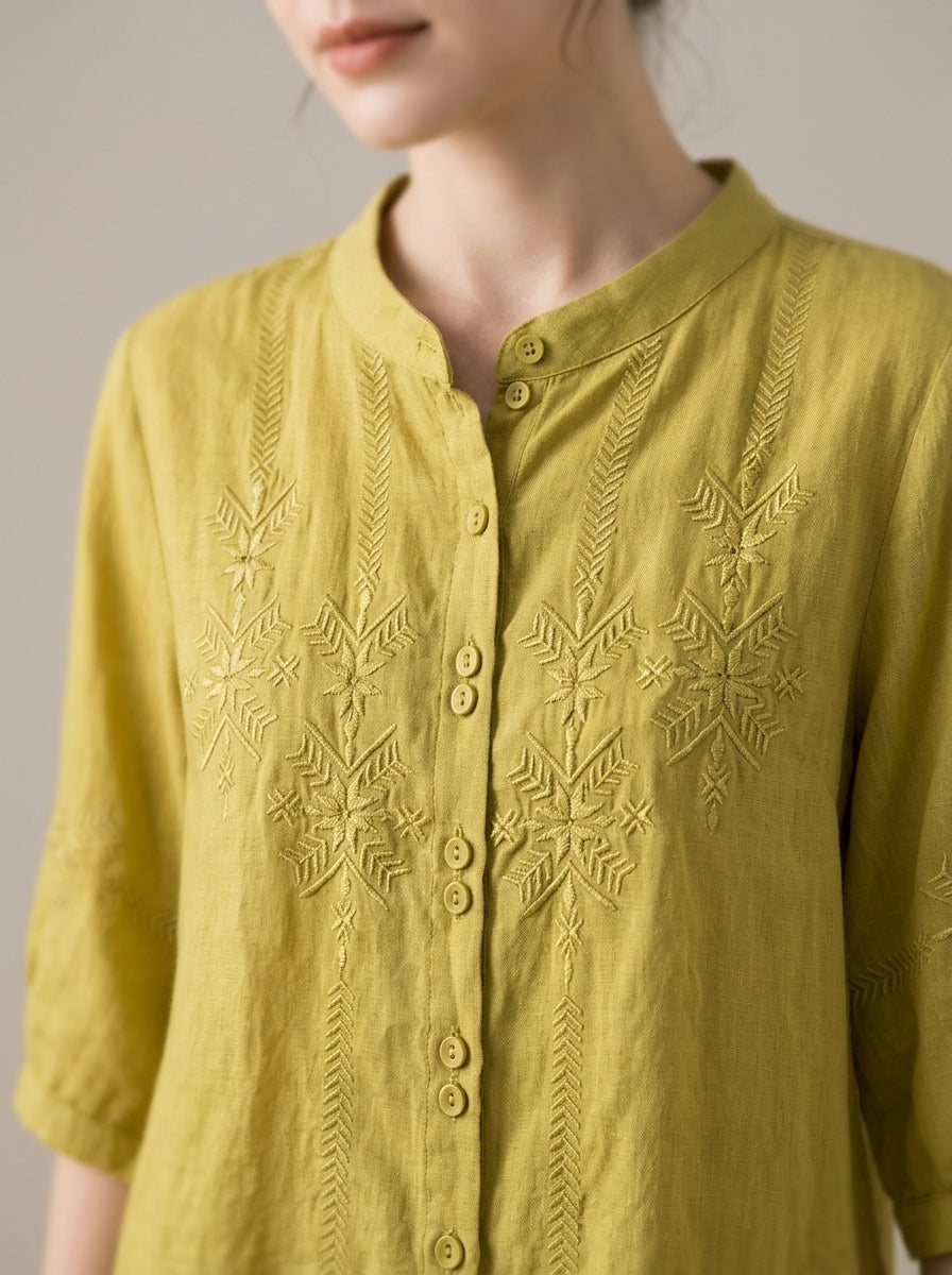 Loose Boho Embroidered Blouse - Chartreuse Mandarin Collar 3/4 Sleeve Top