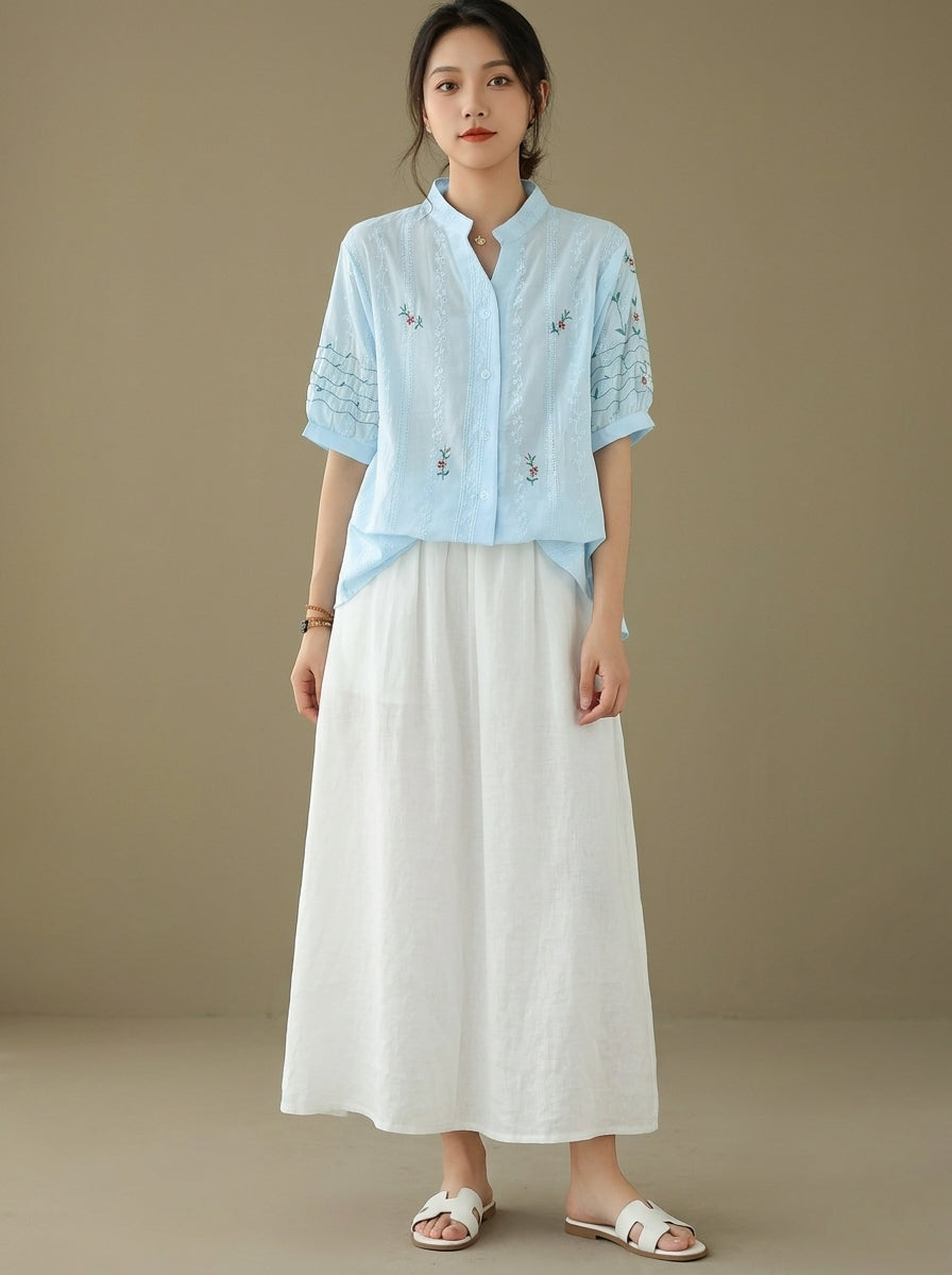 Vintage Embroidered Cotton Blouse - Blue Mandarin Collar Short Sleeve Top