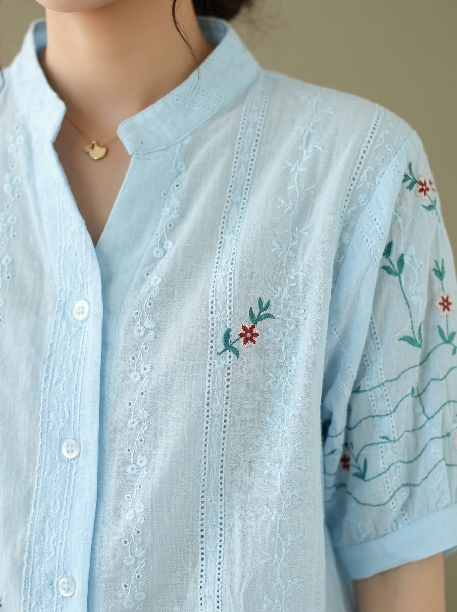 Vintage Embroidered Cotton Blouse - Blue Mandarin Collar Short Sleeve Top