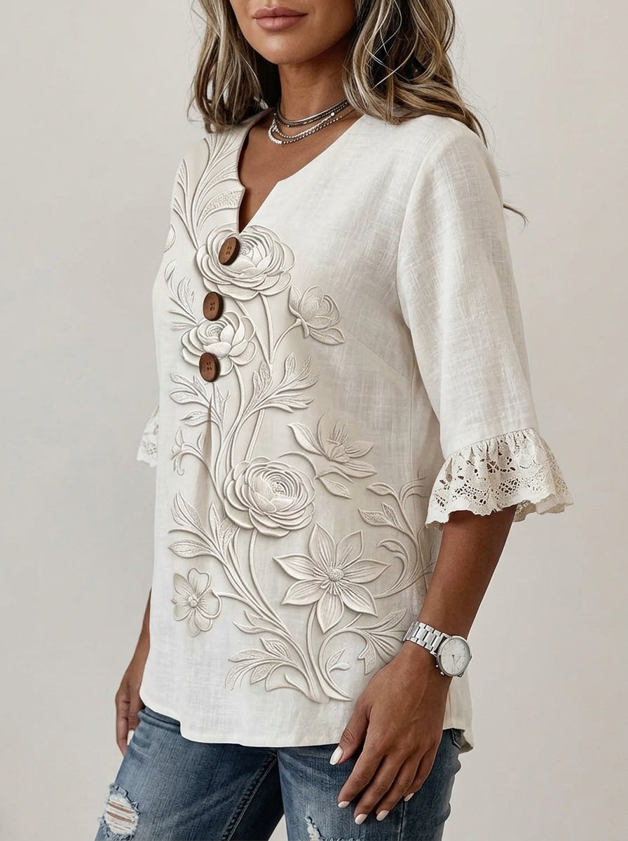 Cream Embroidered Floral Blouse - Wood Button V-Neck Lace Sleeve Top