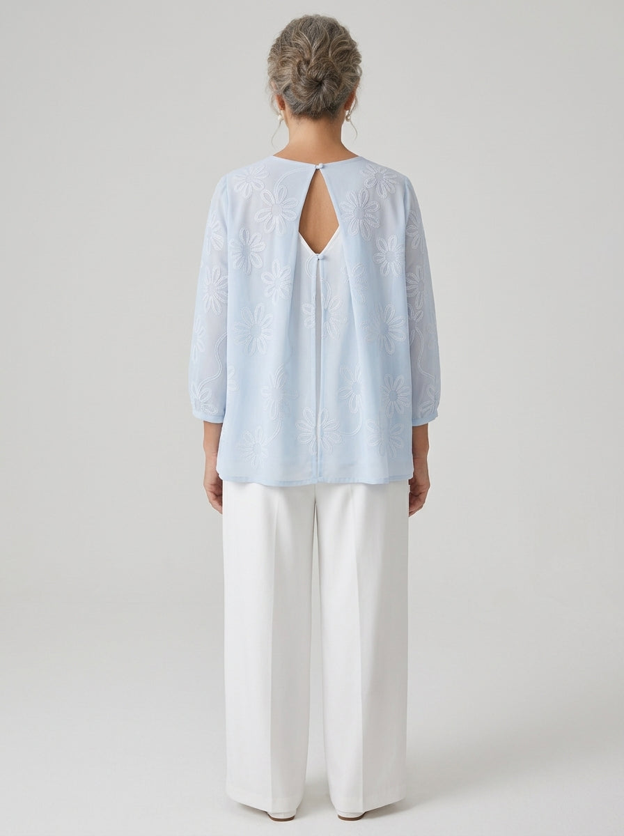 Romantic Floral Embroidered Open-Back Blouse in Light Blue - Round Neck Keyhole Cutout Top