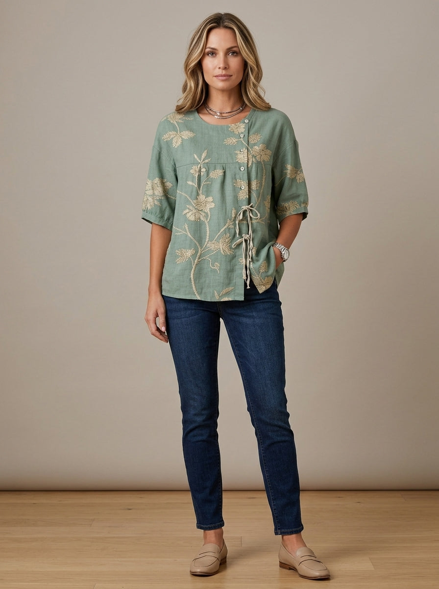 Casual Floral Embroidered Drawstring Hem Top in Sage Green - Round Neck Button Placket Top