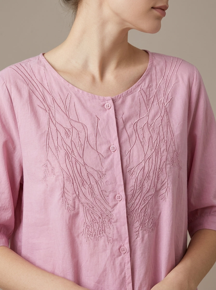 Versatile Embroidered Blouse - Pink V-Neck Half Sleeve Loose Top