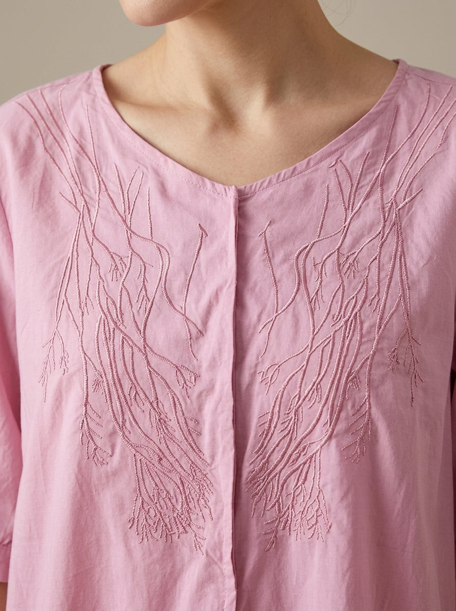 Versatile Embroidered Blouse - Pink V-Neck Half Sleeve Loose Top