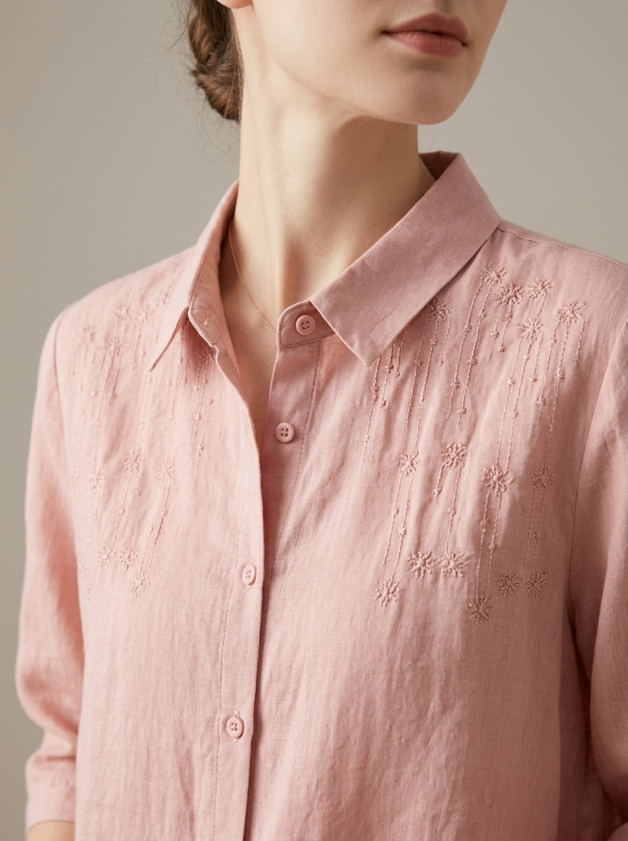 Retro Loose Cotton Shirt - Pink Embroidered Collar 3/4 Sleeve Top