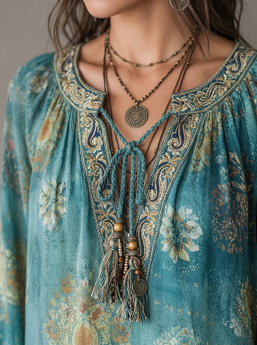 Bohemian Ethnic Floral Print Cotton Blouse - Teal V-Neck Tasseled Long Sleeve Top