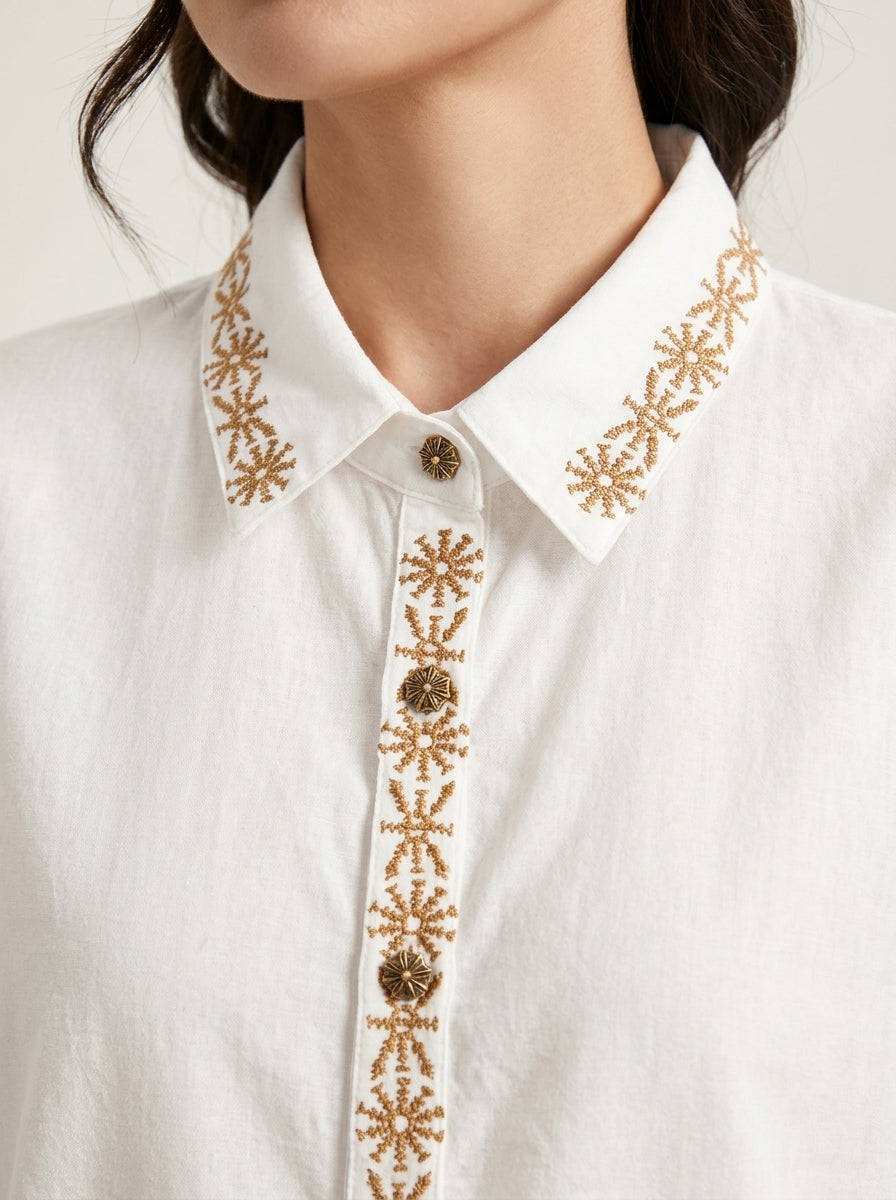Vintage Cotton Shirt - White Embroidered Placket Half Sleeve Top