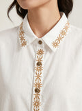 Vintage Cotton Shirt - White Embroidered Placket Half Sleeve Top