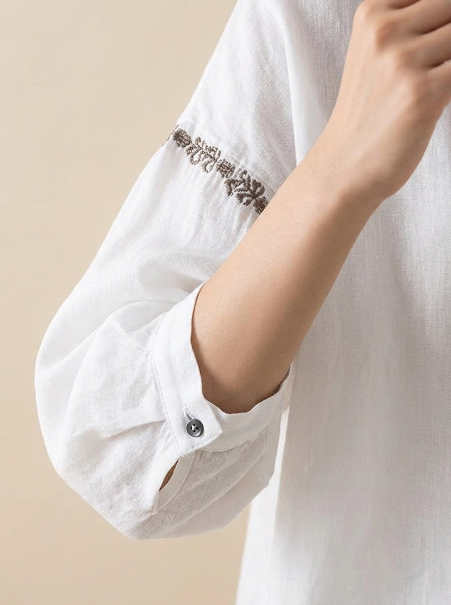 Loose Vintage Blouse - White Peter Pan Collar Embroidered Sleeve Top