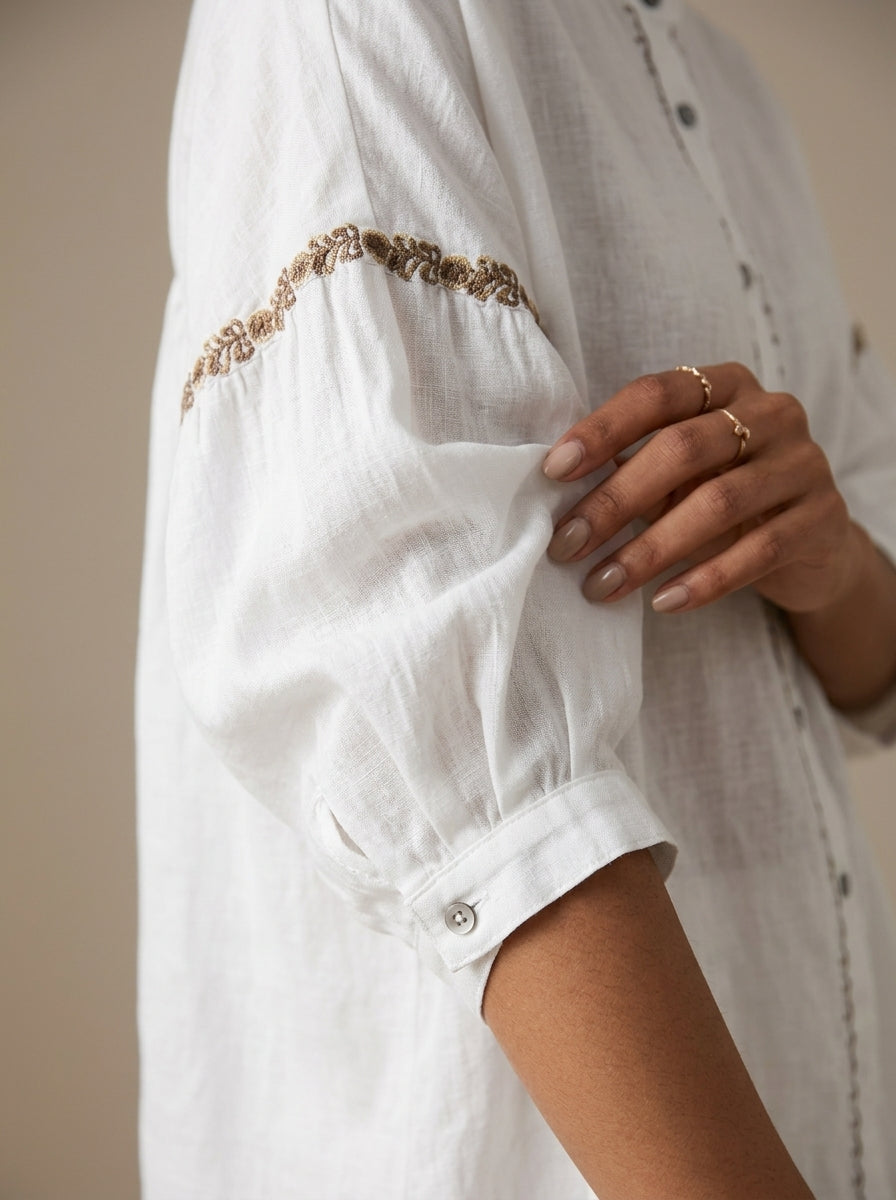 Loose Vintage Blouse - White Peter Pan Collar Embroidered Sleeve Top