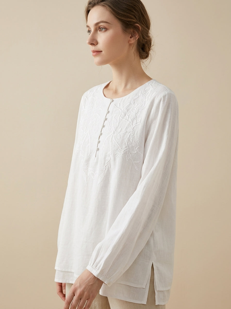 Versatile Boho Embroidered Blouse - White Round Neck Long Sleeve Top