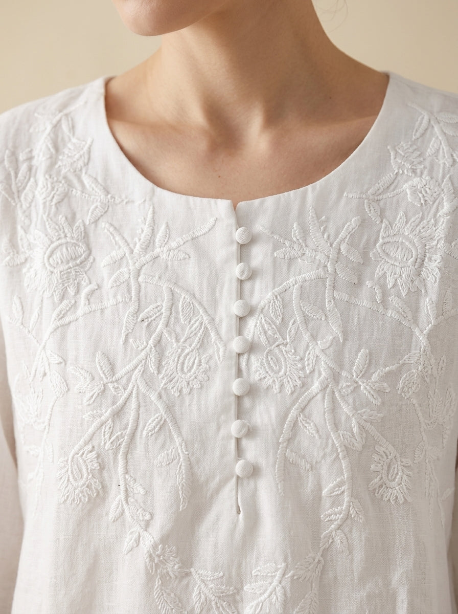 Versatile Boho Embroidered Blouse - White Round Neck Long Sleeve Top