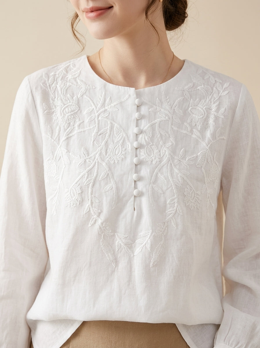 Versatile Boho Embroidered Blouse - White Round Neck Long Sleeve Top