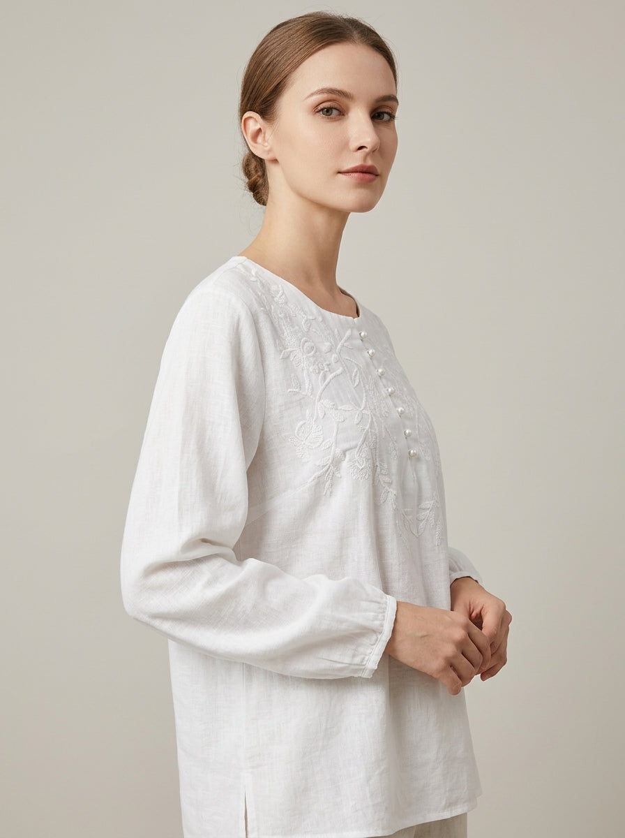 Versatile Boho Embroidered Blouse - White Round Neck Long Sleeve Top