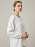 Versatile Boho Embroidered Blouse - White Round Neck Long Sleeve Top