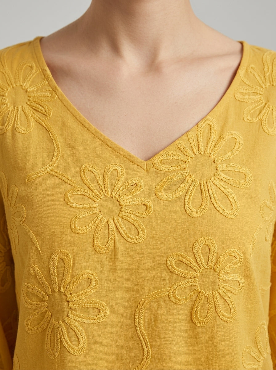 Casual Cotton Blouse - Yellow V-Neck 3/4 Sleeve Floral Embroidered Top