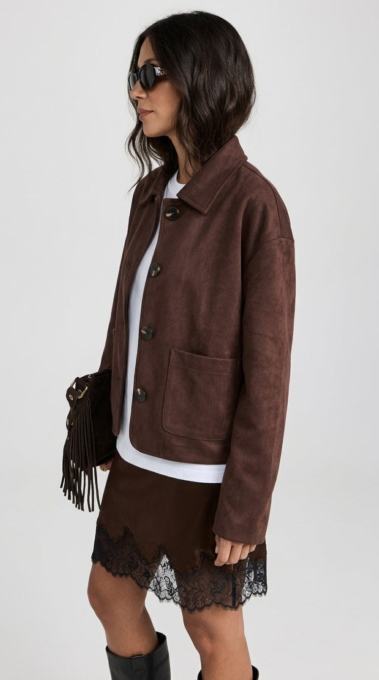 Dark Chocolate Suede Jacket - Button-Up Faux Suede Shirt Jacket