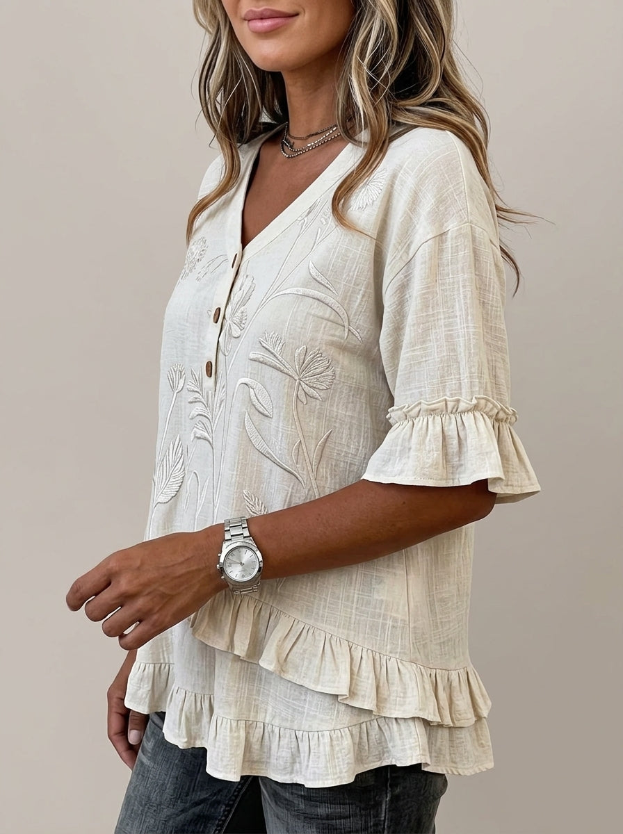 Retro Floral Embroidered V-Neck Ruffle Blouse in Cream - Button Placket 3/4 Sleeve Top