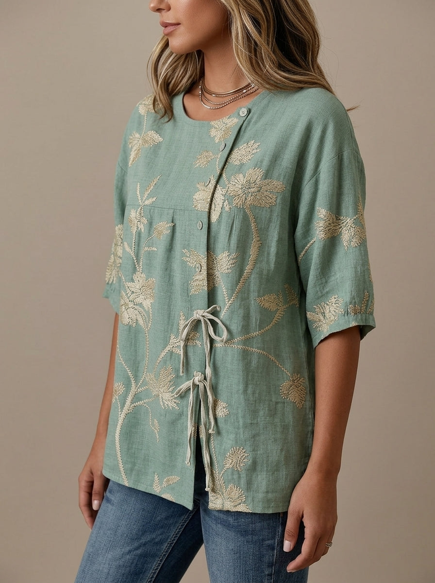 Casual Floral Embroidered Drawstring Hem Top in Sage Green - Round Neck Button Placket Top