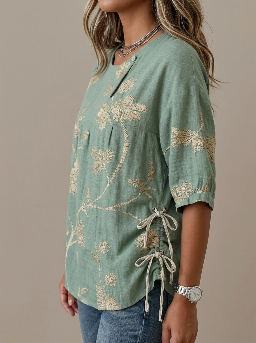 Casual Floral Embroidered Drawstring Hem Top in Sage Green - Round Neck Button Placket Top