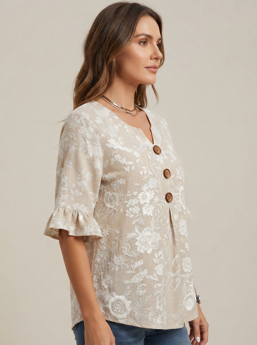Beige Floral Print Blouse - Wood Button V-Neck Ruffle Sleeve Top