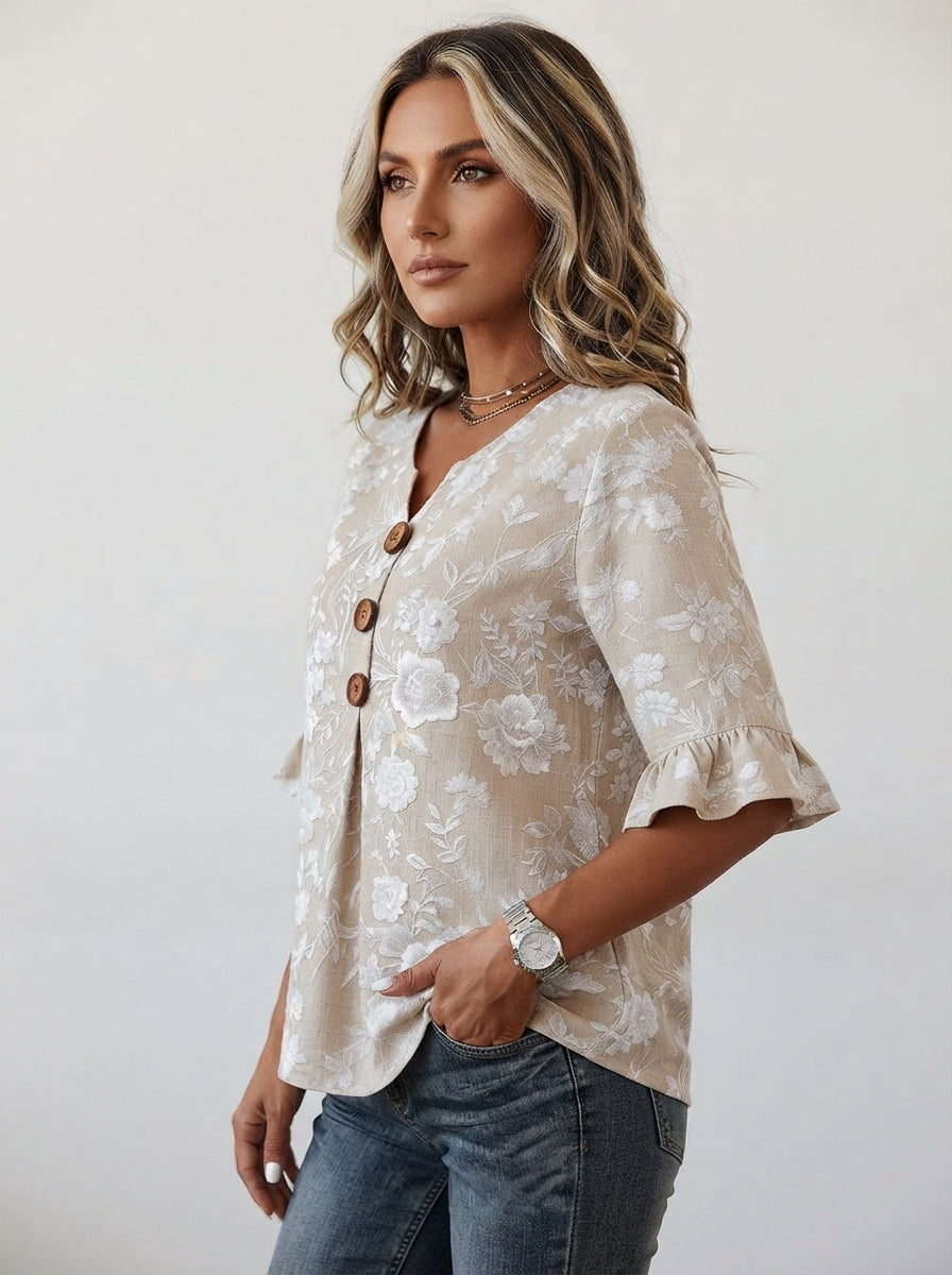 Beige Floral Print Blouse - Wood Button V-Neck Ruffle Sleeve Top