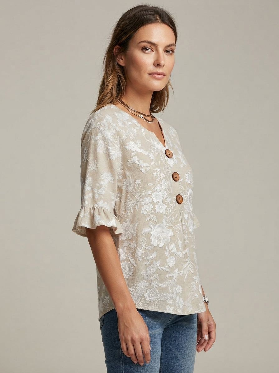 Beige Floral Print Blouse - Wood Button V-Neck Ruffle Sleeve Top