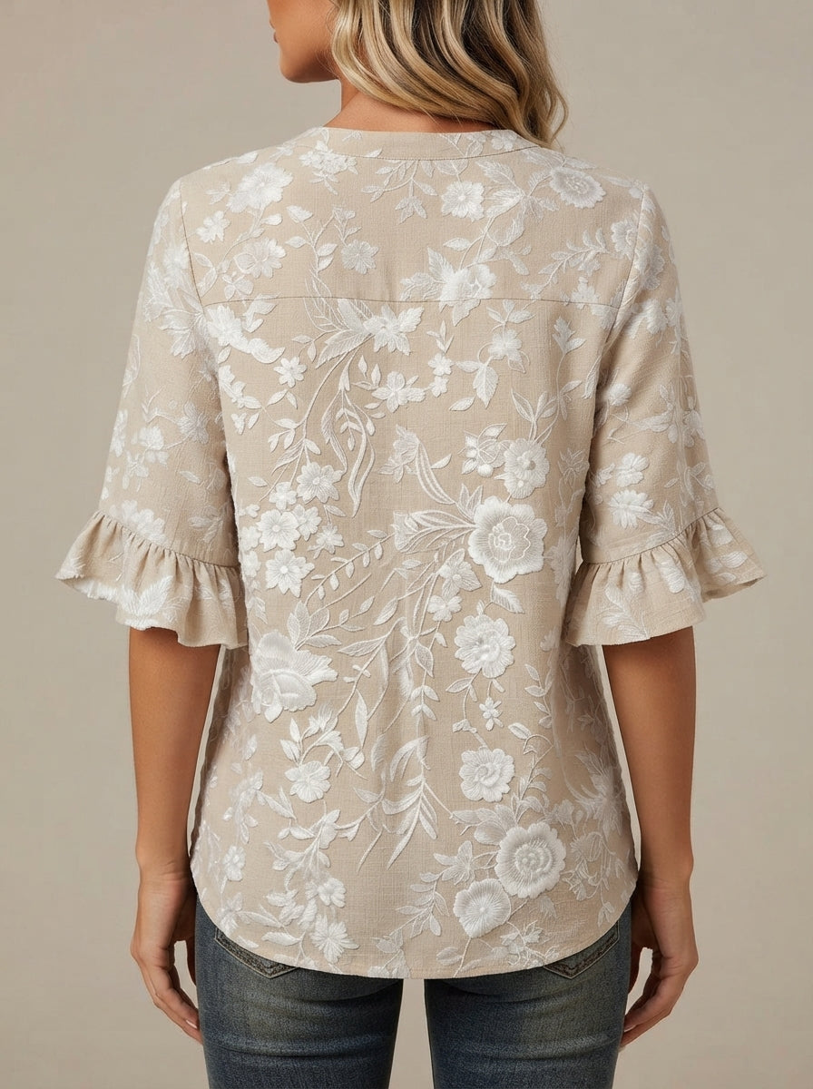 Beige Floral Print Blouse - Wood Button V-Neck Ruffle Sleeve Top