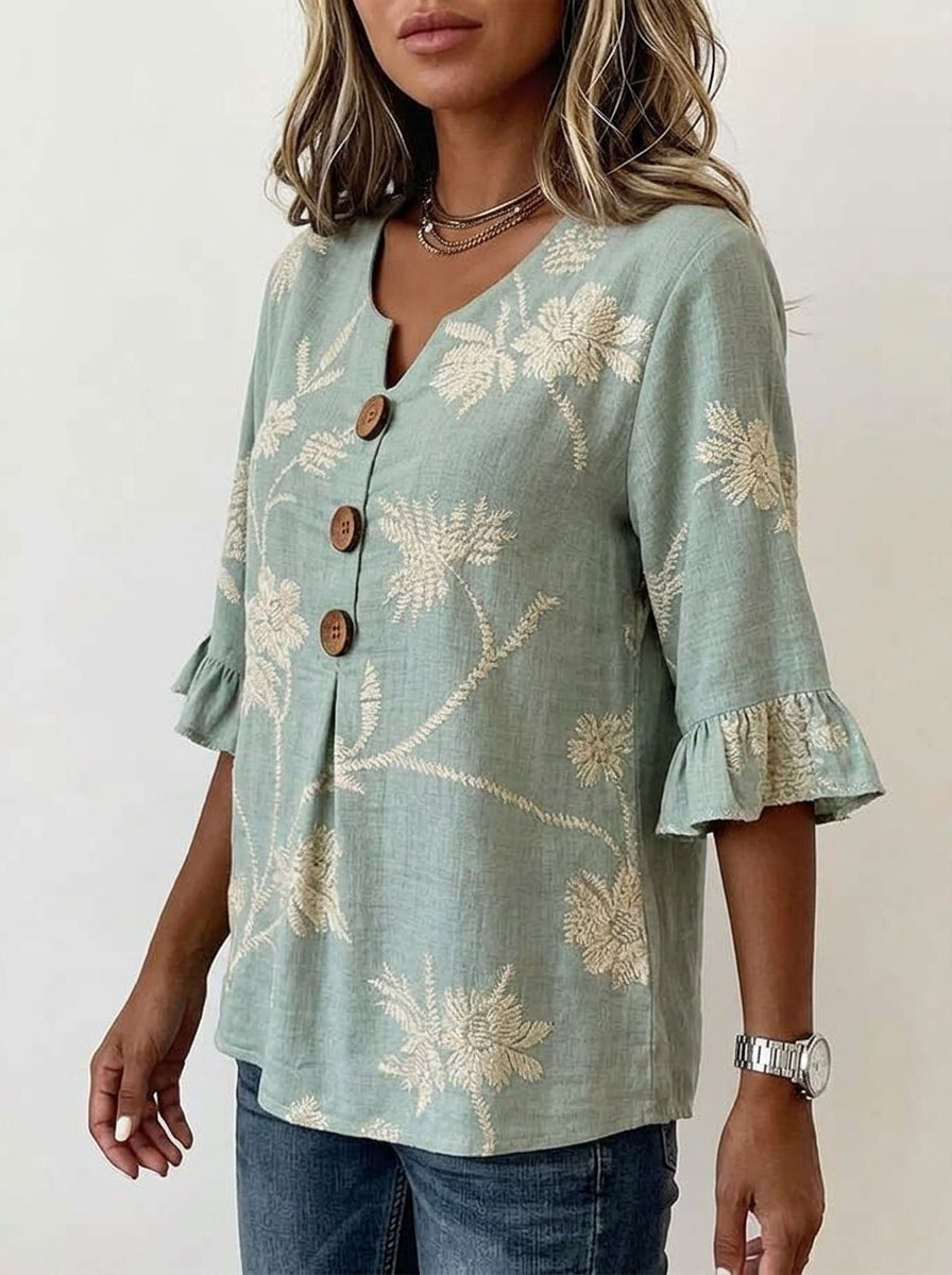 Sage Green Floral Print Blouse - Wood Button Ruffle Sleeve Top