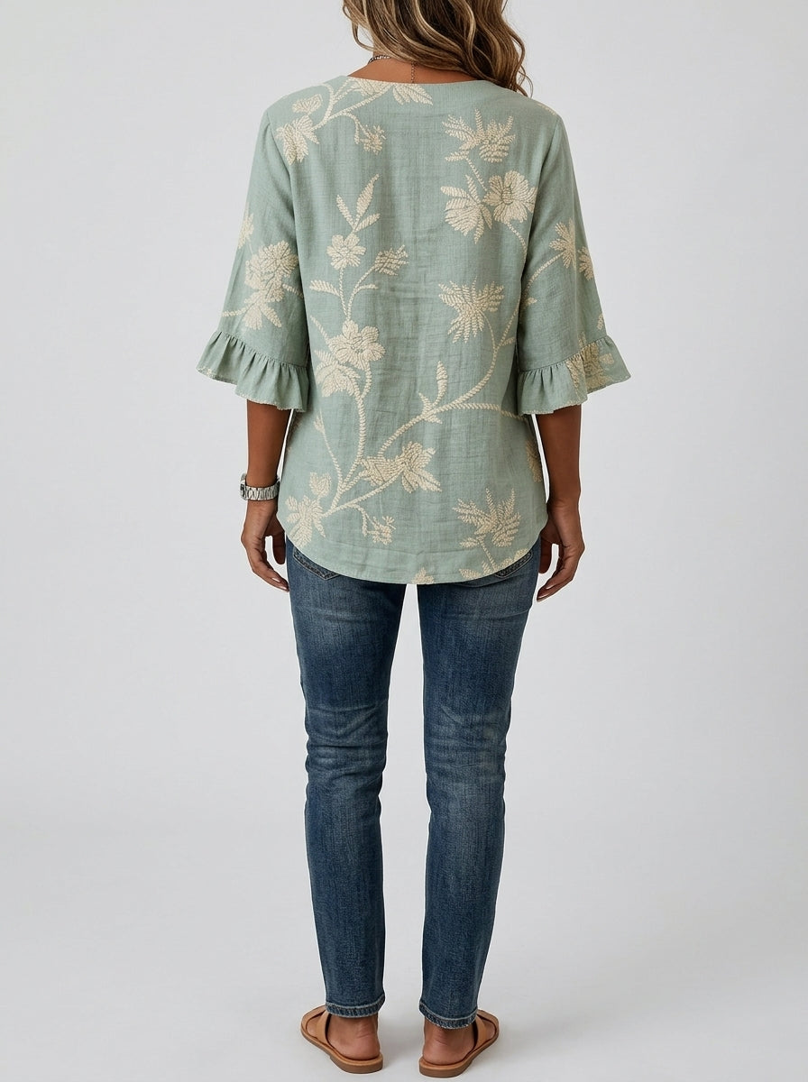 Sage Green Floral Print Blouse - Wood Button Ruffle Sleeve Top