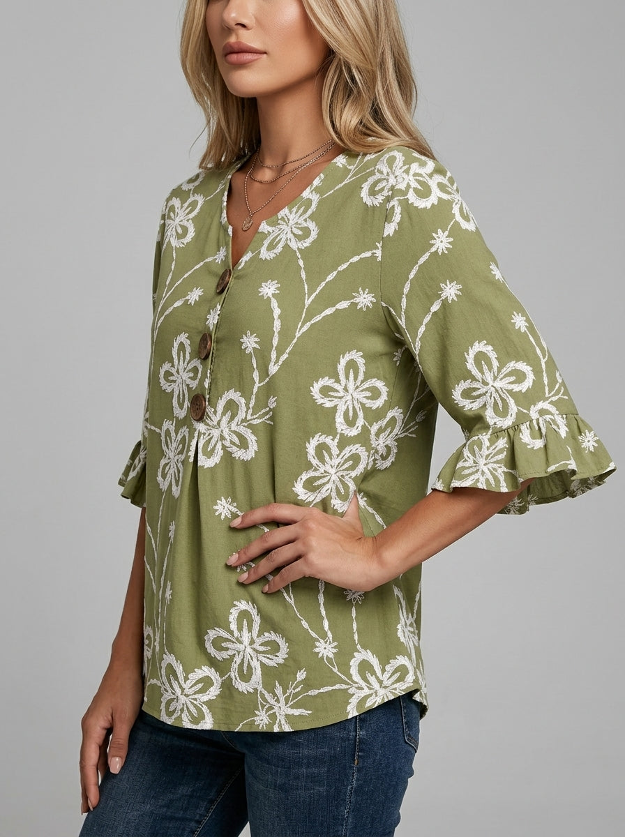 Olive Floral Print Blouse - Wood Button Ruffle Sleeve V-Neck Top