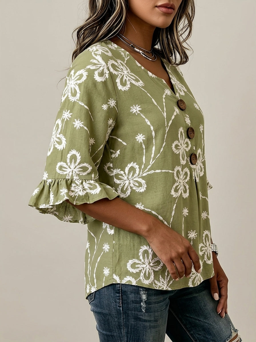 Olive Floral Print Blouse - Wood Button Ruffle Sleeve V-Neck Top