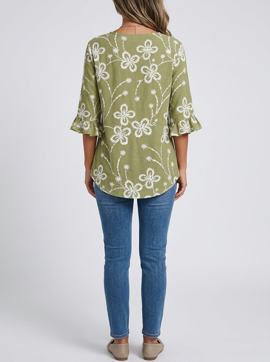 Olive Floral Print Blouse - Wood Button Ruffle Sleeve V-Neck Top