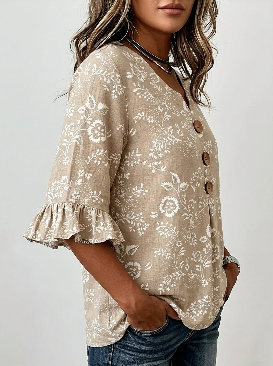 Taupe Floral Print Blouse - Wood Button Ruffle Sleeve V-Neck Top