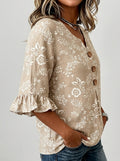 Taupe Floral Print Blouse - Wood Button Ruffle Sleeve V-Neck Top