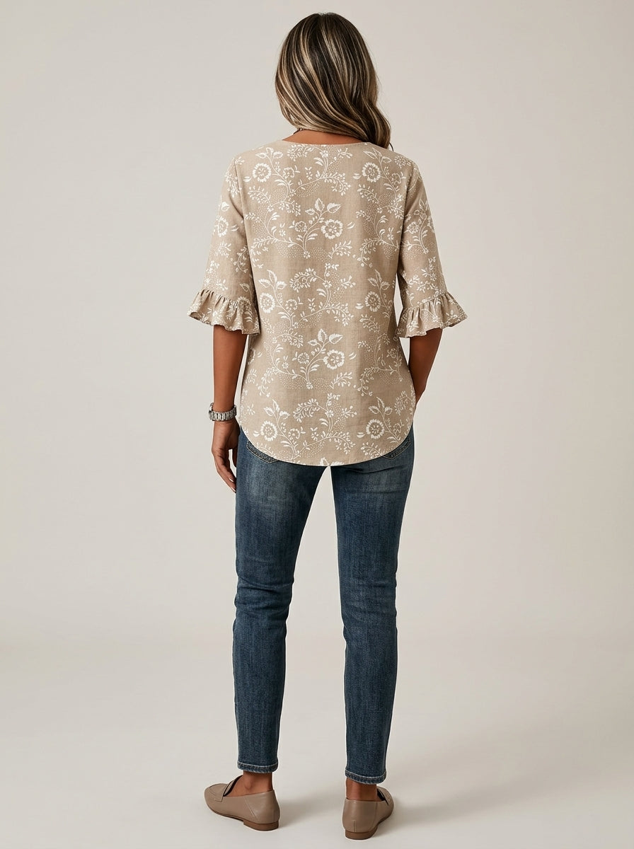 Taupe Floral Print Blouse - Wood Button Ruffle Sleeve V-Neck Top