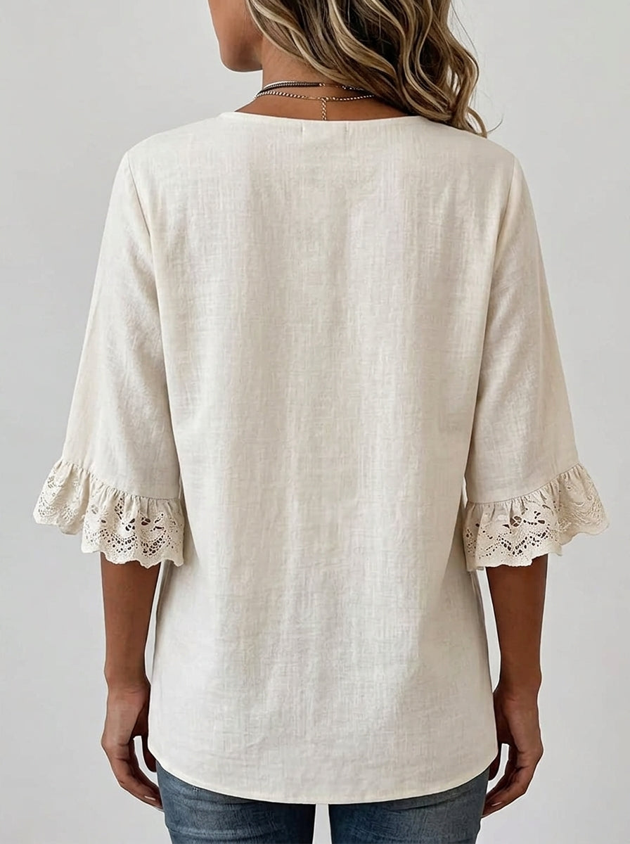 Cream Embroidered Floral Blouse - Wood Button V-Neck Lace Sleeve Top