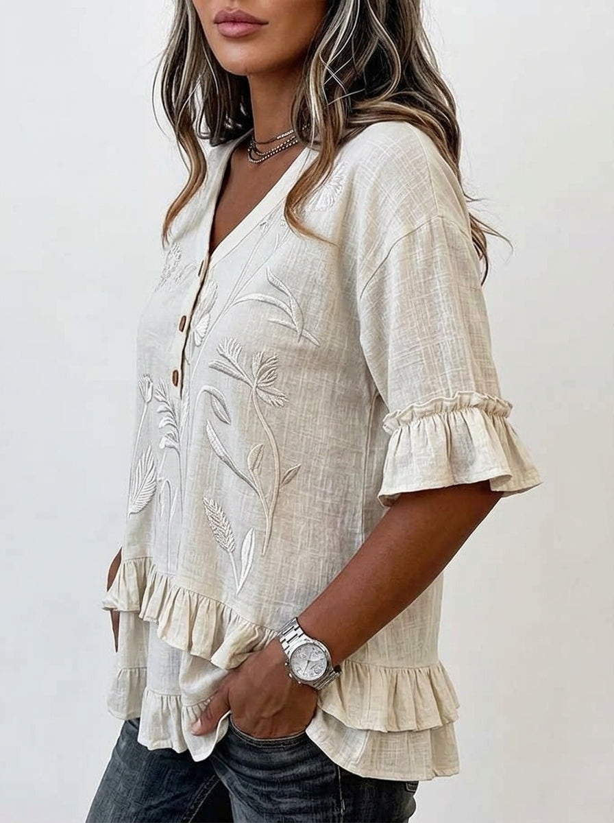 Retro Floral Embroidered V-Neck Ruffle Blouse in Cream - Button Placket 3/4 Sleeve Top