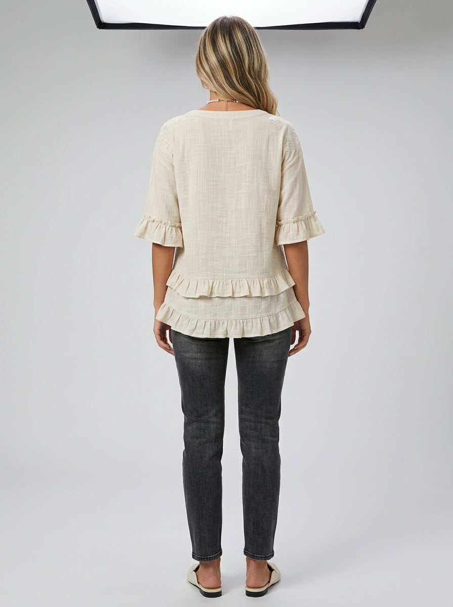 Retro Floral Embroidered V-Neck Ruffle Blouse in Cream - Button Placket 3/4 Sleeve Top